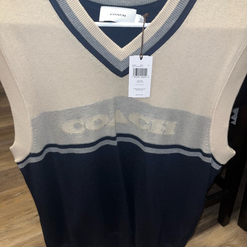 Coach Men's V-Neck Sweater in Beige and Navy